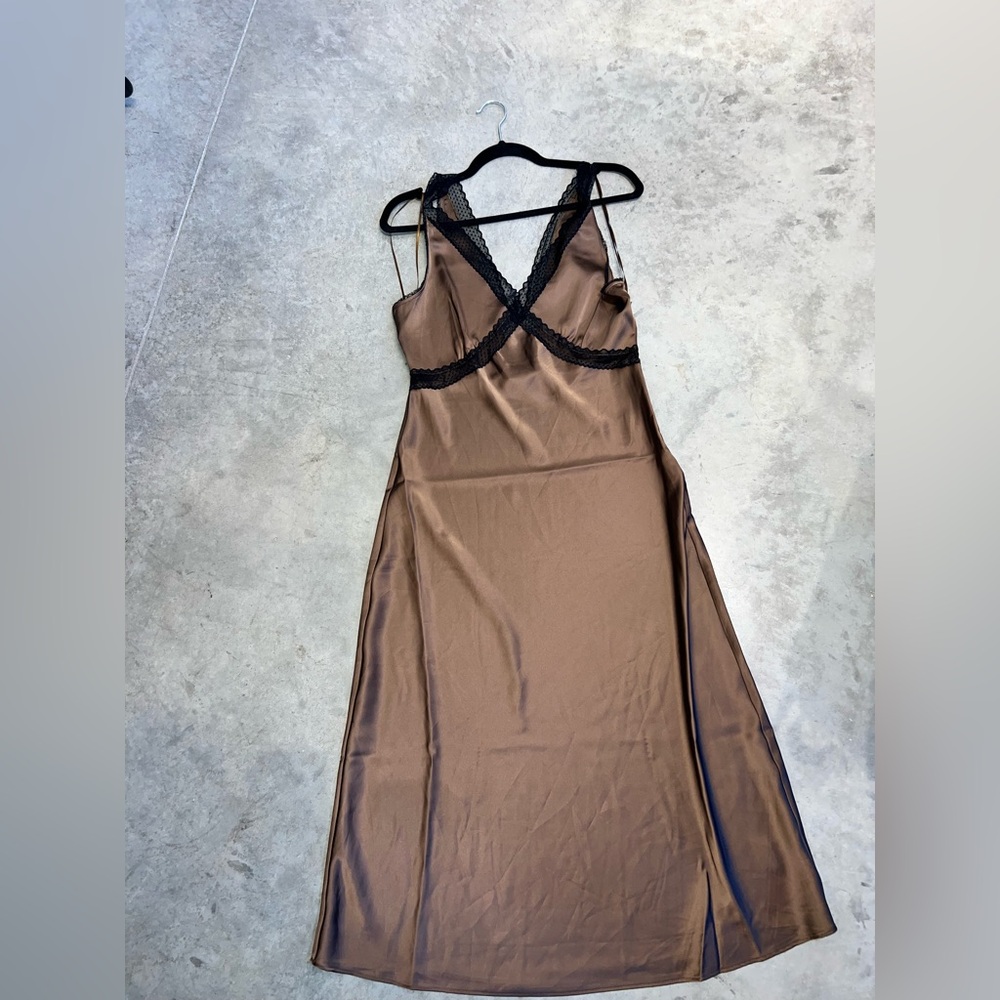 House of Harlow Elegant Brown Satin Slip Dress with Lace Trim